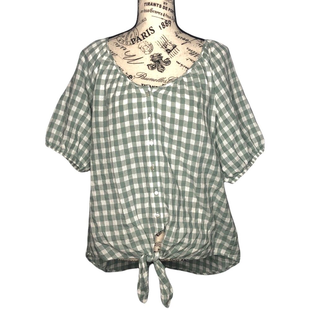 Brina & Em LARGE Concetta Tie Front Top - Checkered Short Sleeve Button Front
